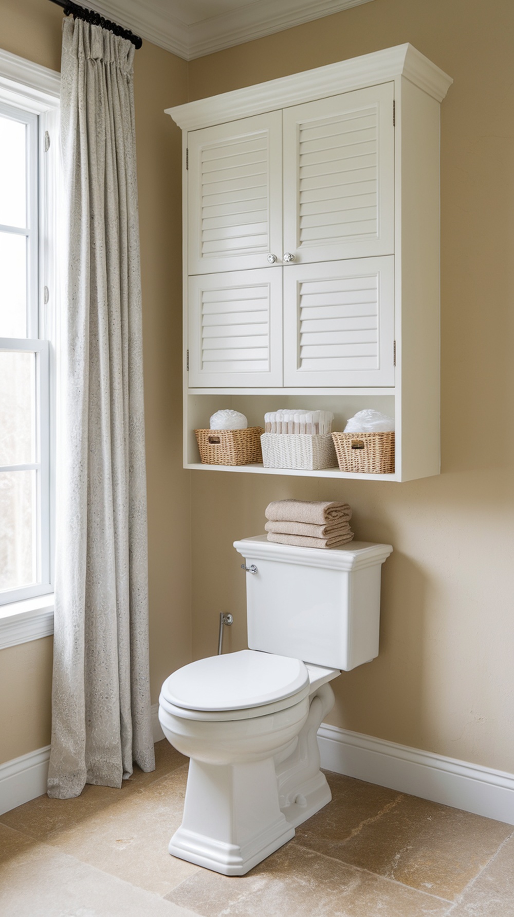 A stylish over-the-toilet cabinet with doors, featuring baskets and neatly folded towels.