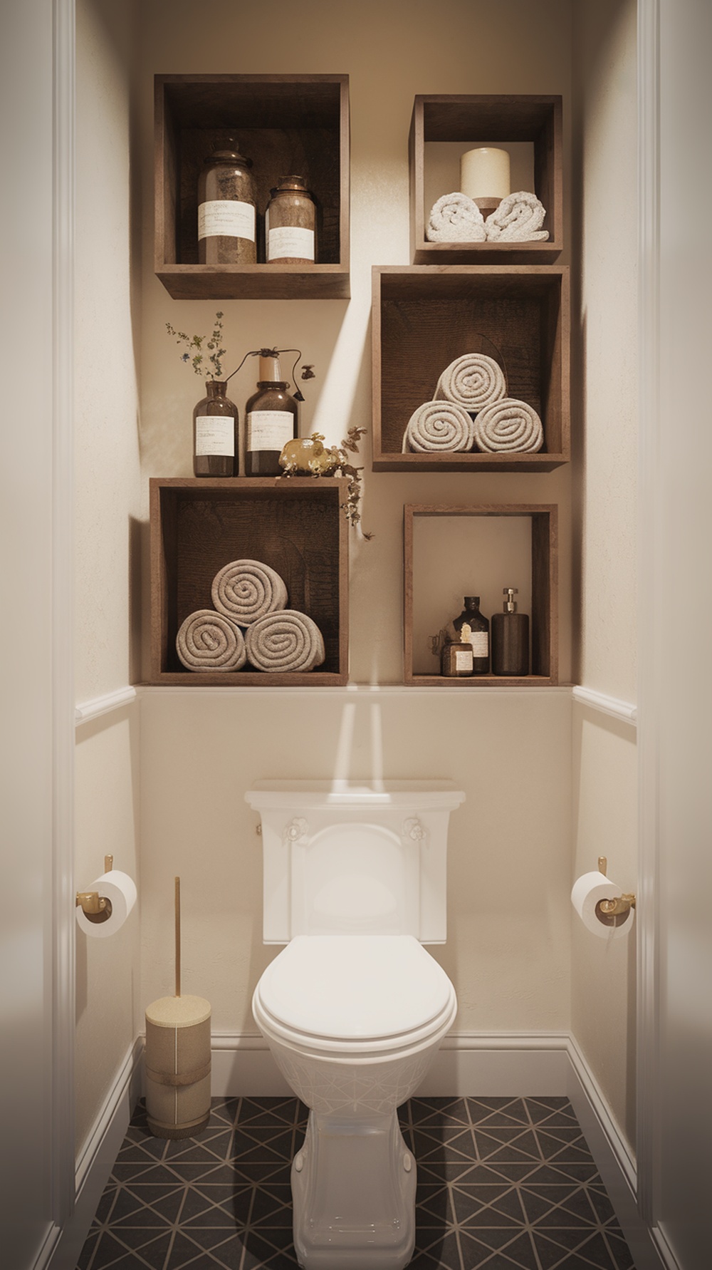 Floating box shelves above a toilet with rolled towels and decorative bottles.