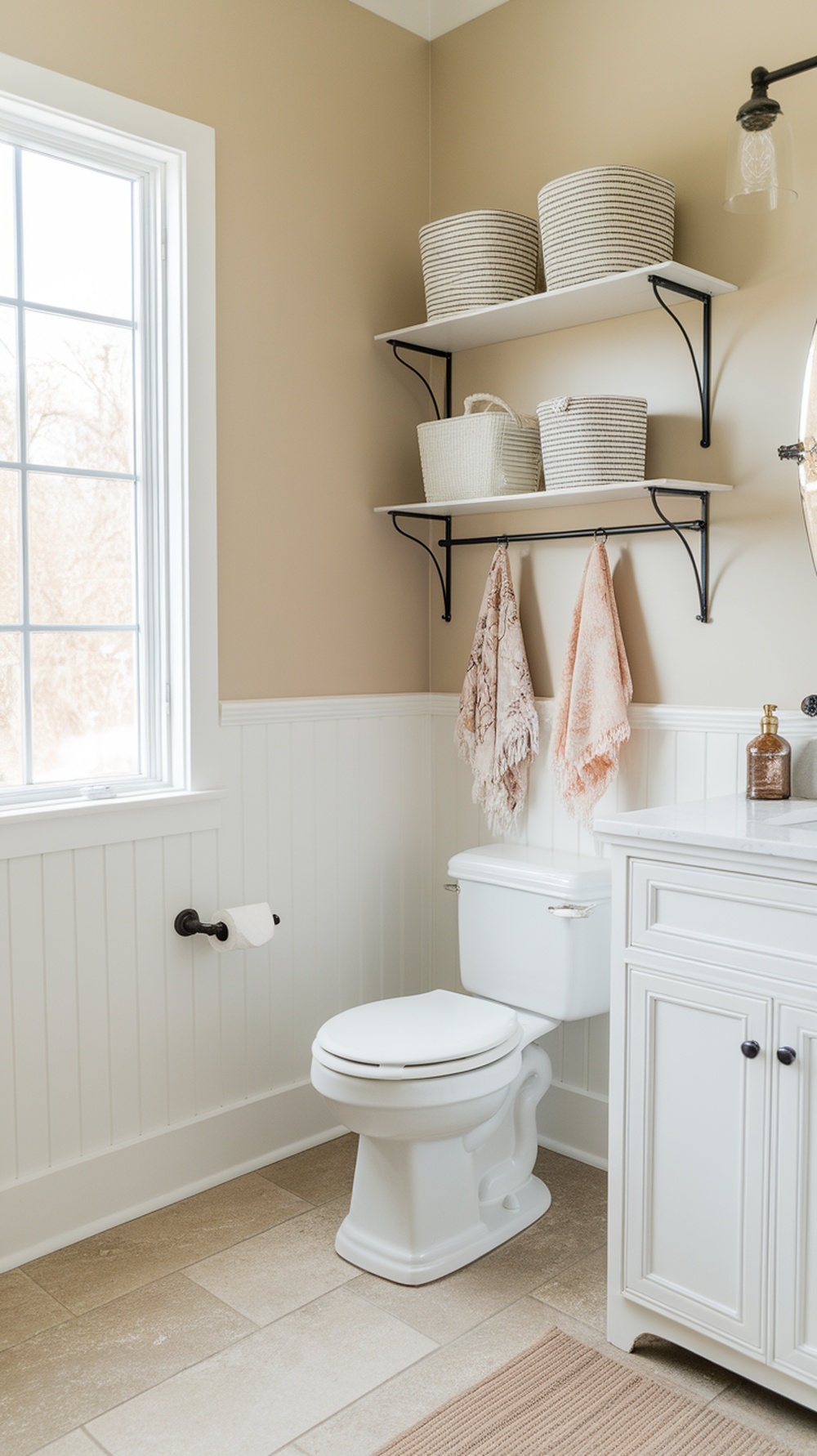 A bathroom featuring a floating shelf with baskets and a towel bar above a toilet.