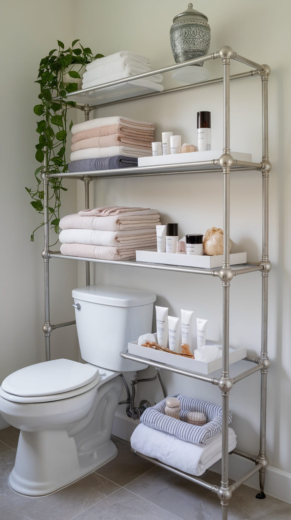 A metal bathroom etagere with neatly stacked towels and skincare products above a toilet.