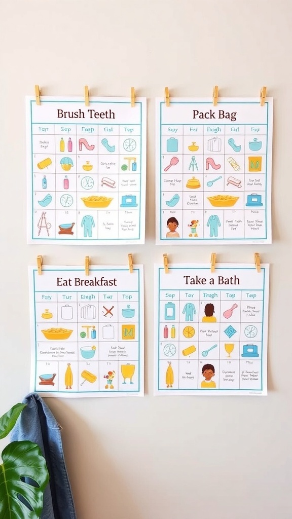A wall displaying colorful morning routine charts with illustrations for kids.