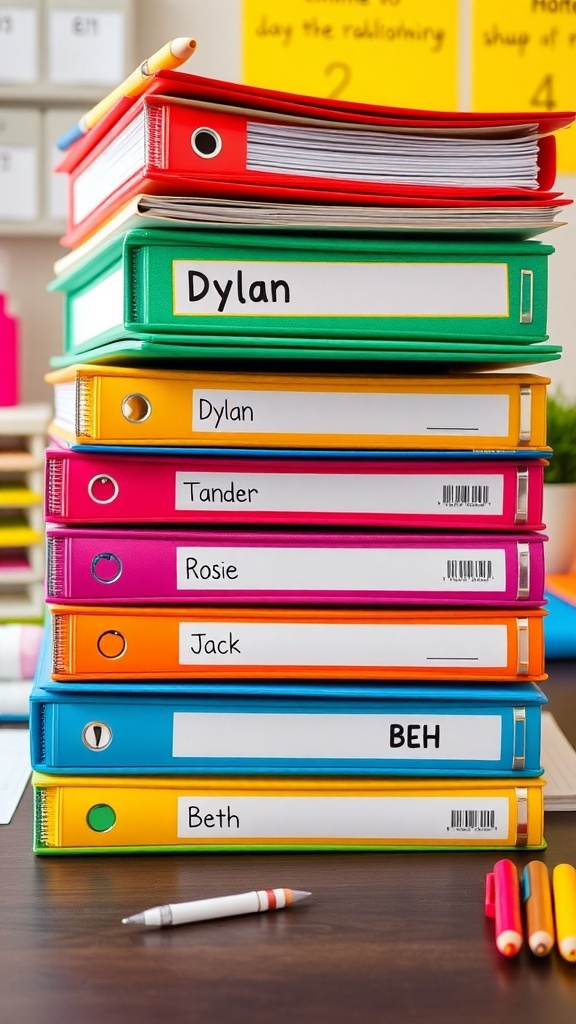 Color-coded school supplies organized on a desk