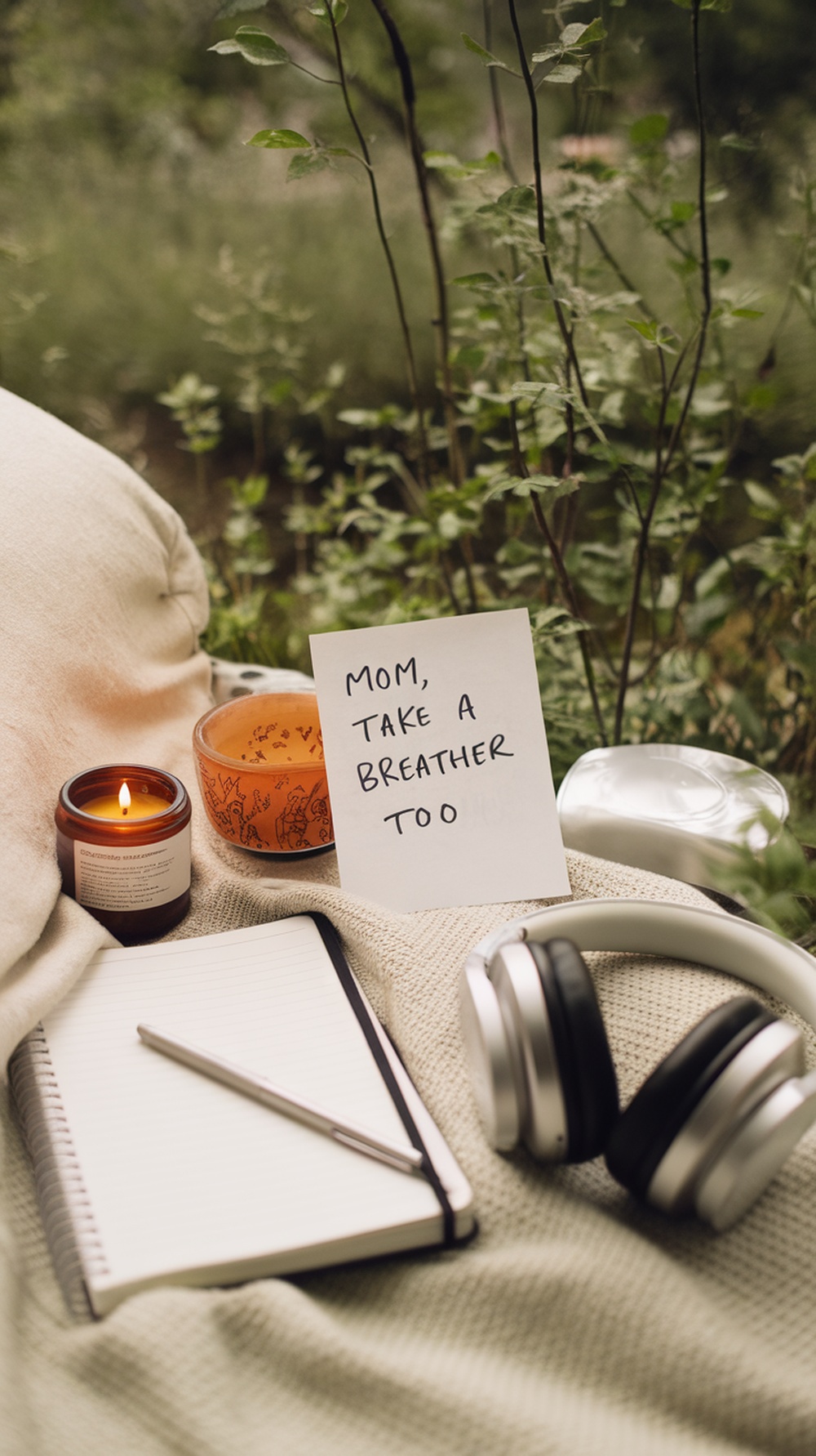A cozy self-care station for moms with a candle, headphones, and a notebook.