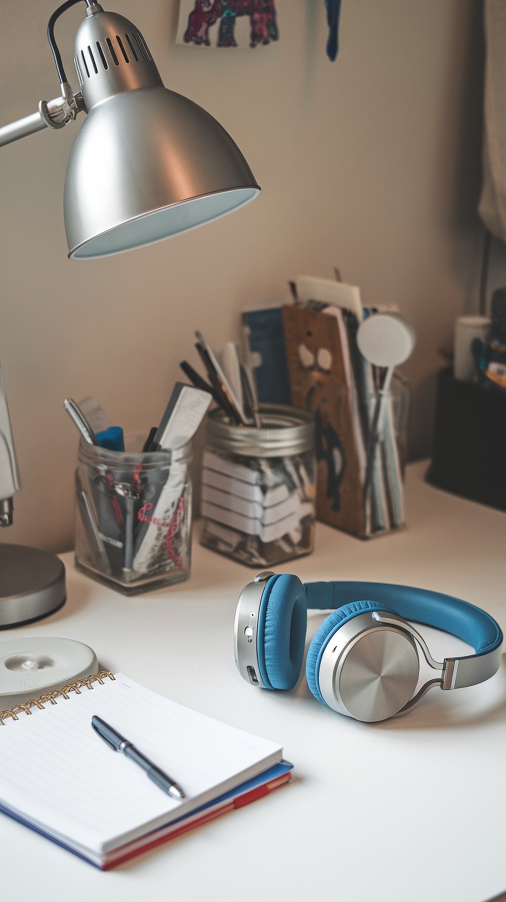 A well-organized homework area with a lamp, headphones, and stationery.