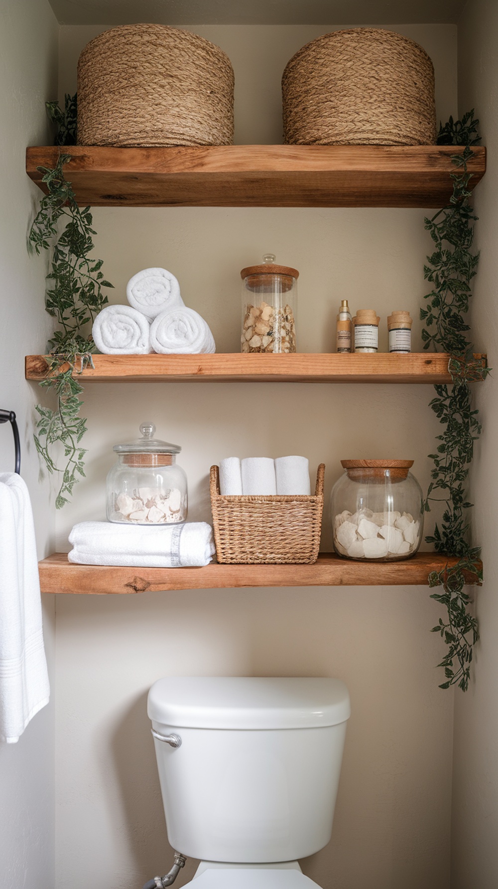 Floating wooden shelves with woven baskets and towels above a toilet