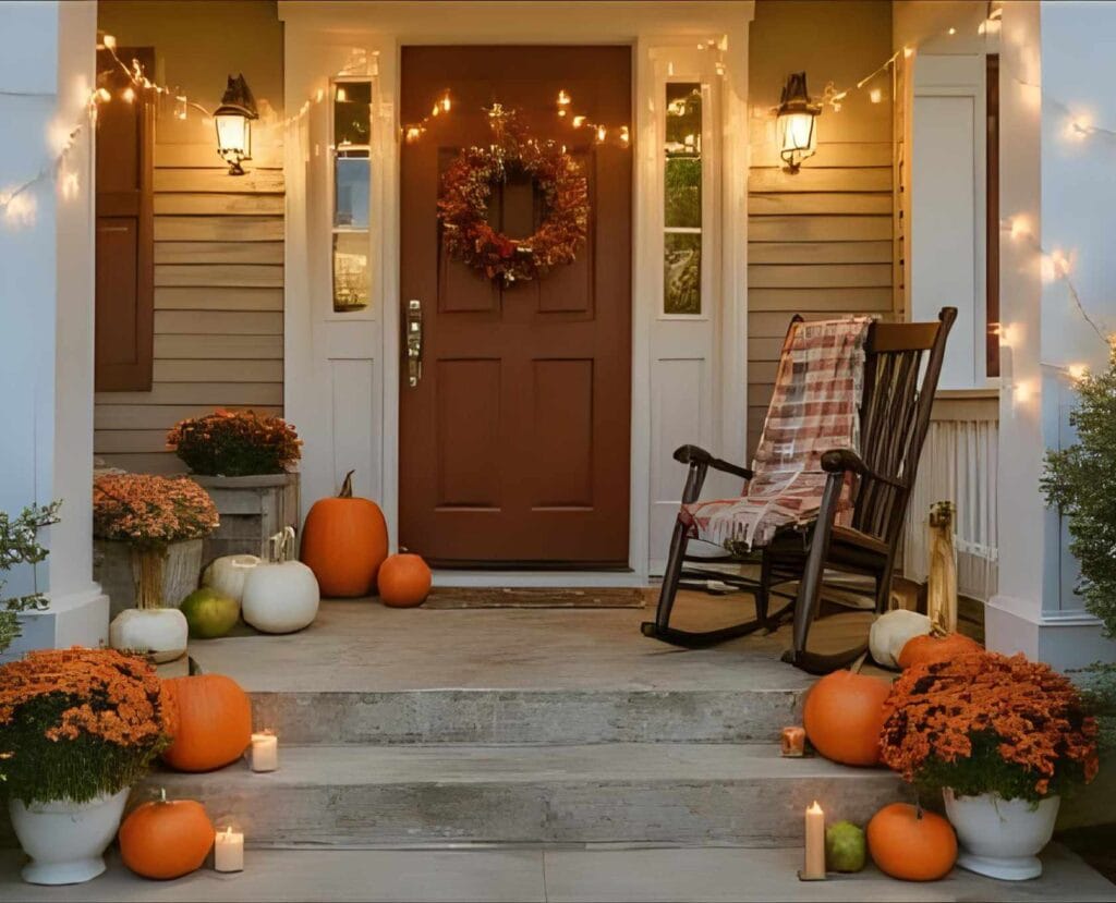 A cozy front porch decorated for fall with a fall wreath on the door, string lights, a rocking chair with a plaid throw, pumpkins, candles and orange chrysanthemums decorating the stairs.