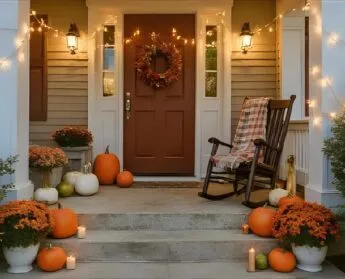 A cozy front porch decorated for fall with a fall wreath on the door, string lights, a rocking chair with a plaid throw, pumpkins, candles and orange chrysanthemums decorating the stairs.