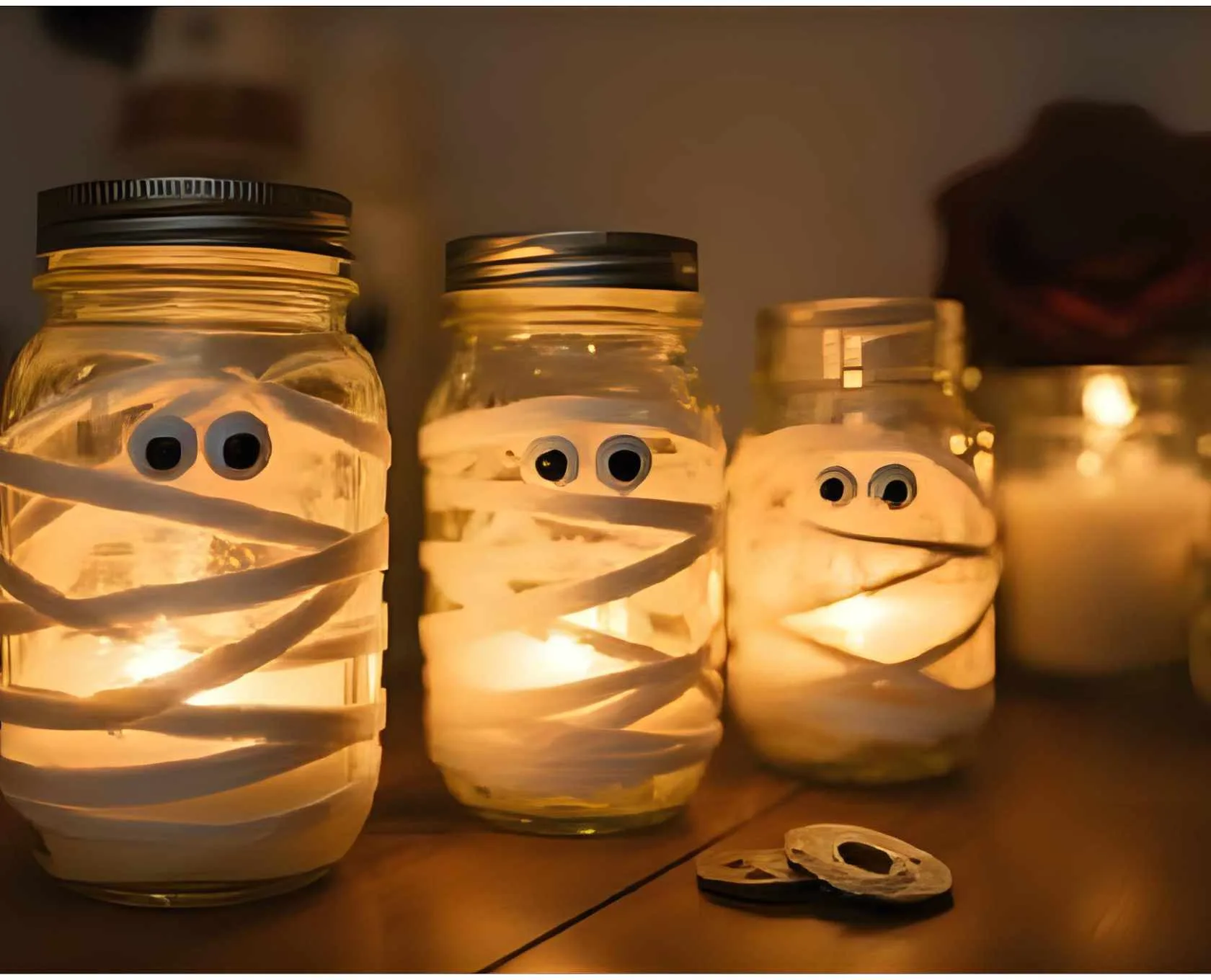 Mason jars wrapped in white gauze with googly eyes peeking out, glowing from tea lights inside. These are displayed on a table with other candlelight and spooky decor - creating a cozy yet eerie vibe.