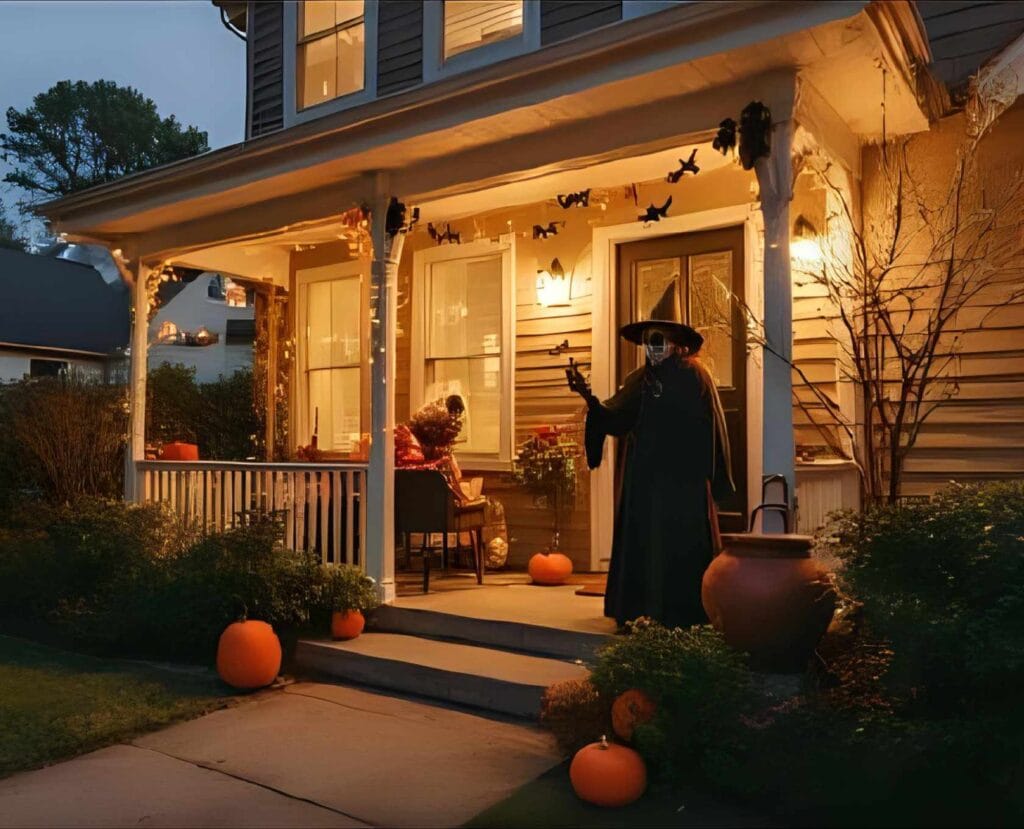 Modern front porch and yard in the late evening covered with spooky halloween decorations like fake spider webs, animatronic witch with cauldron, pumpkins and bats - creating a eerie yet cool vibe.