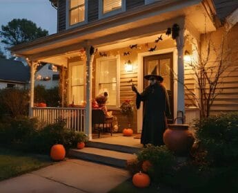 Modern front porch and yard in the late evening covered with spooky halloween decorations like fake spider webs, animatronic witch with cauldron, pumpkins and bats - creating a eerie yet cool vibe.