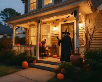 Modern front porch and yard in the late evening covered with spooky halloween decorations like fake spider webs, animatronic witch with cauldron, pumpkins and bats - creating a eerie yet cool vibe.