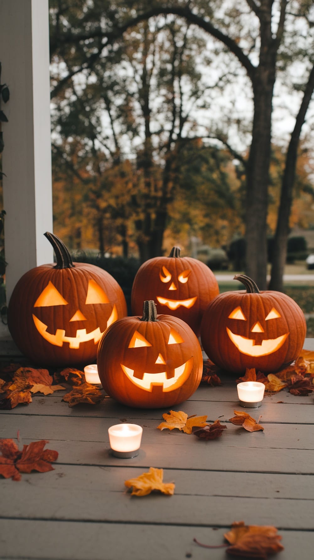 A collection of carved pumpkin lanterns glowing on a porch surrounded by autumn leaves.