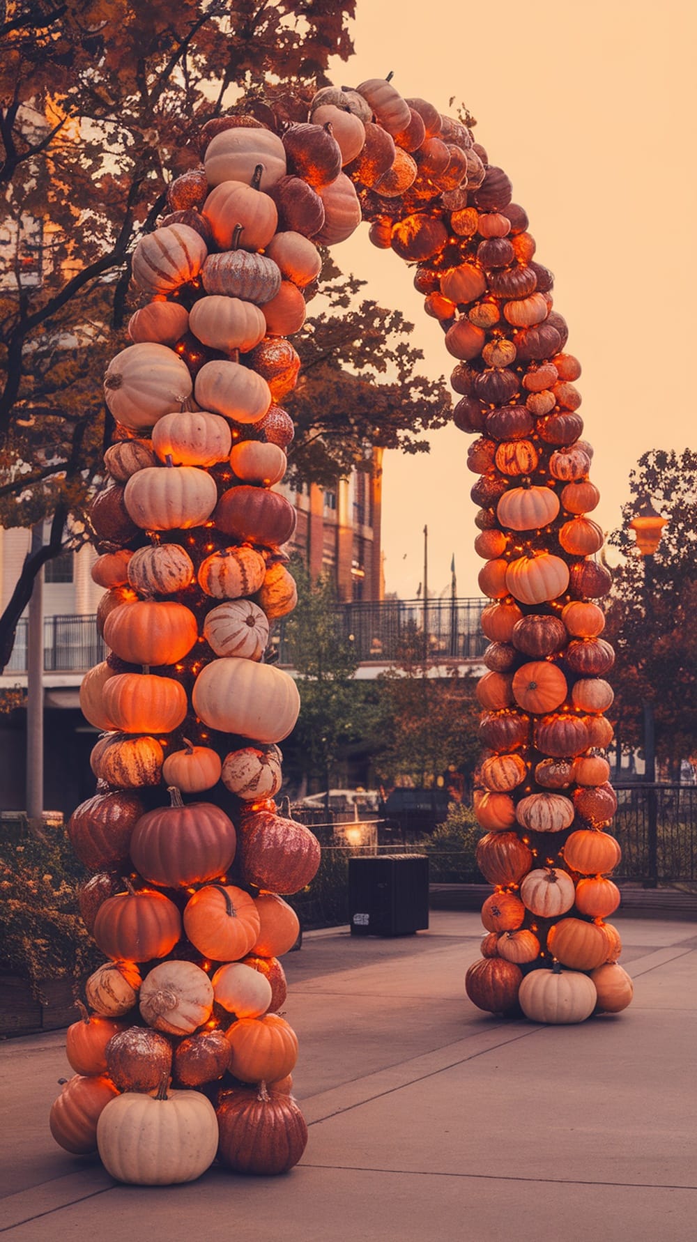 A decorative arch made of various pumpkins, illuminated with lights, over a walkway.