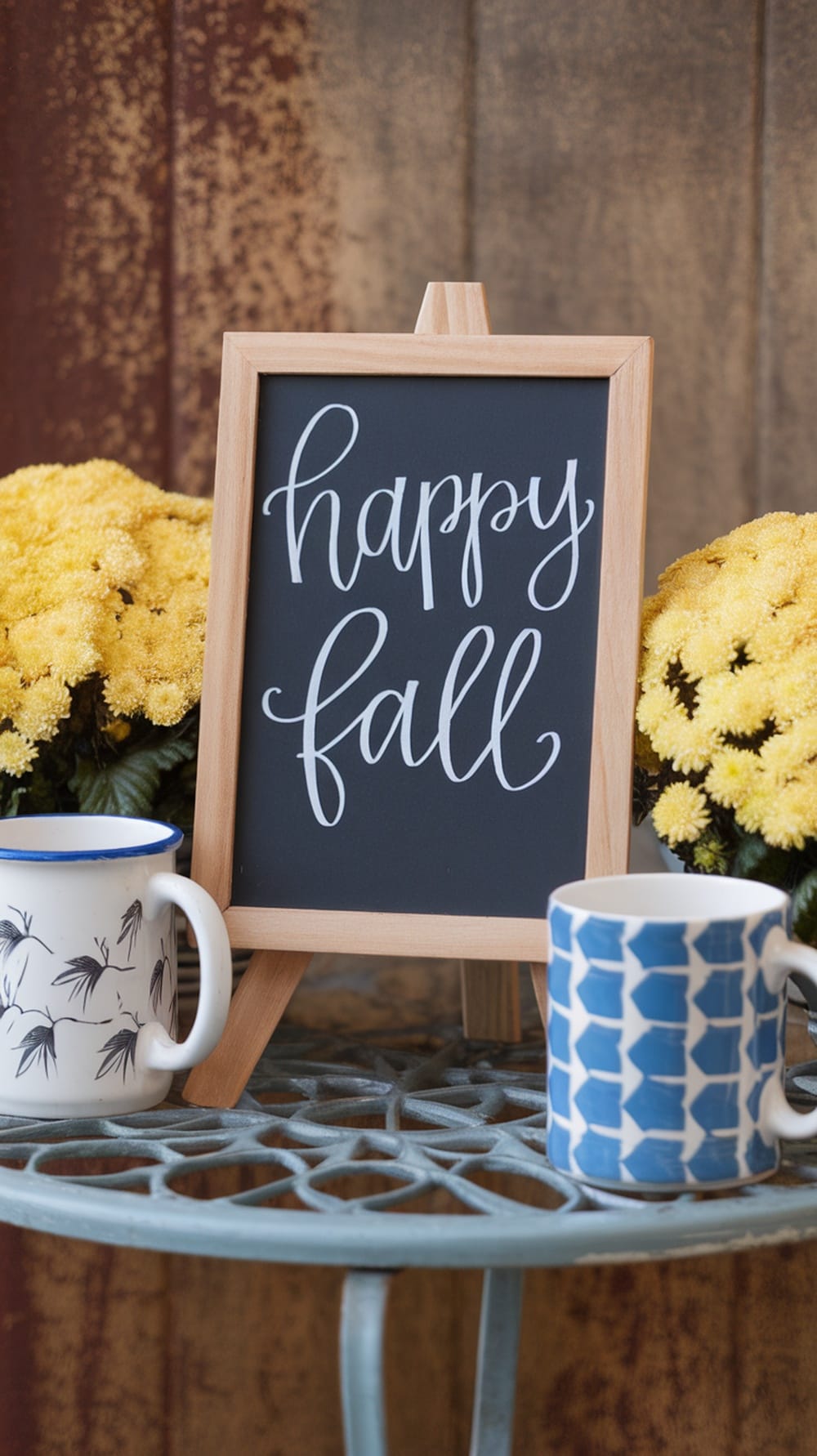Mini chalkboard sign with the words 'happy fall' surrounded by yellow flowers and mugs on a table.