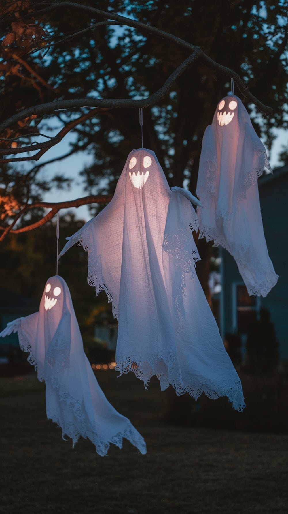 Three glowing hanging ghosts made of white fabric, swaying in the evening light.