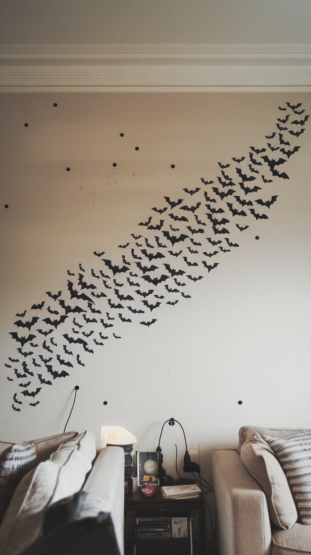 A wall decorated with black paper bats in various sizes, creating a spooky Halloween vibe.