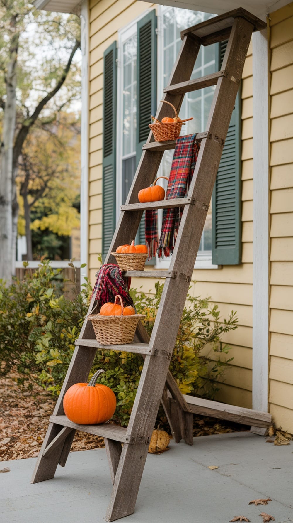 A rustic wooden ladder displaying pumpkins and a plaid blanket, set against a yellow house.