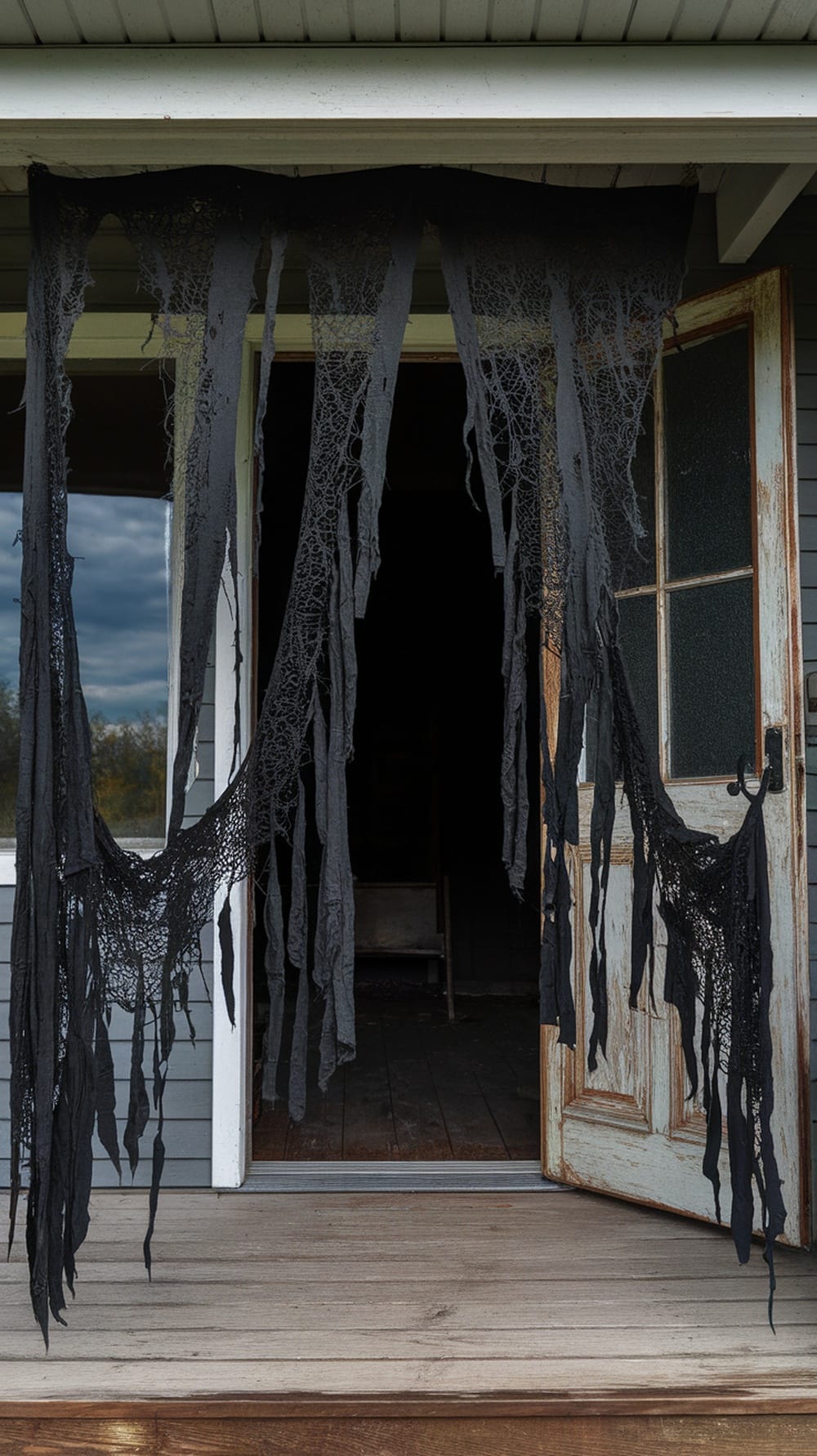 Creepy doorway curtains made of tattered black fabric hanging in an open doorway.