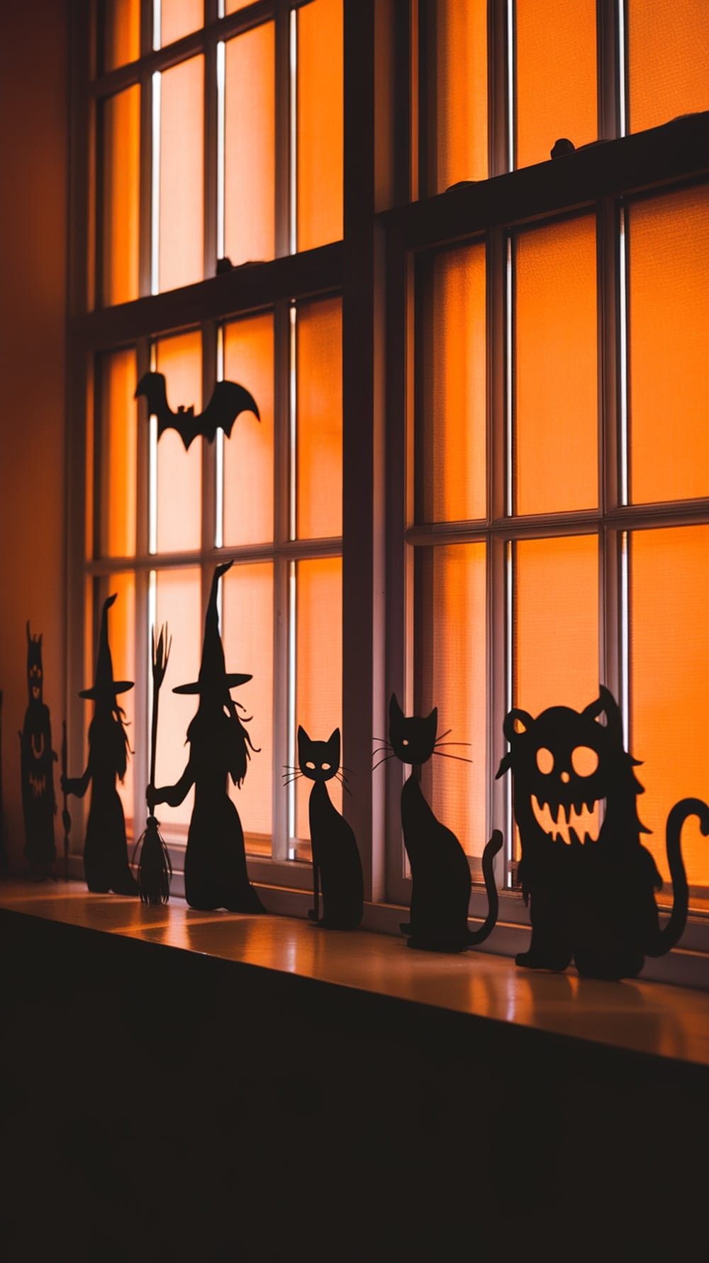 Gothic window silhouettes featuring witches, cats, and bats against an orange background