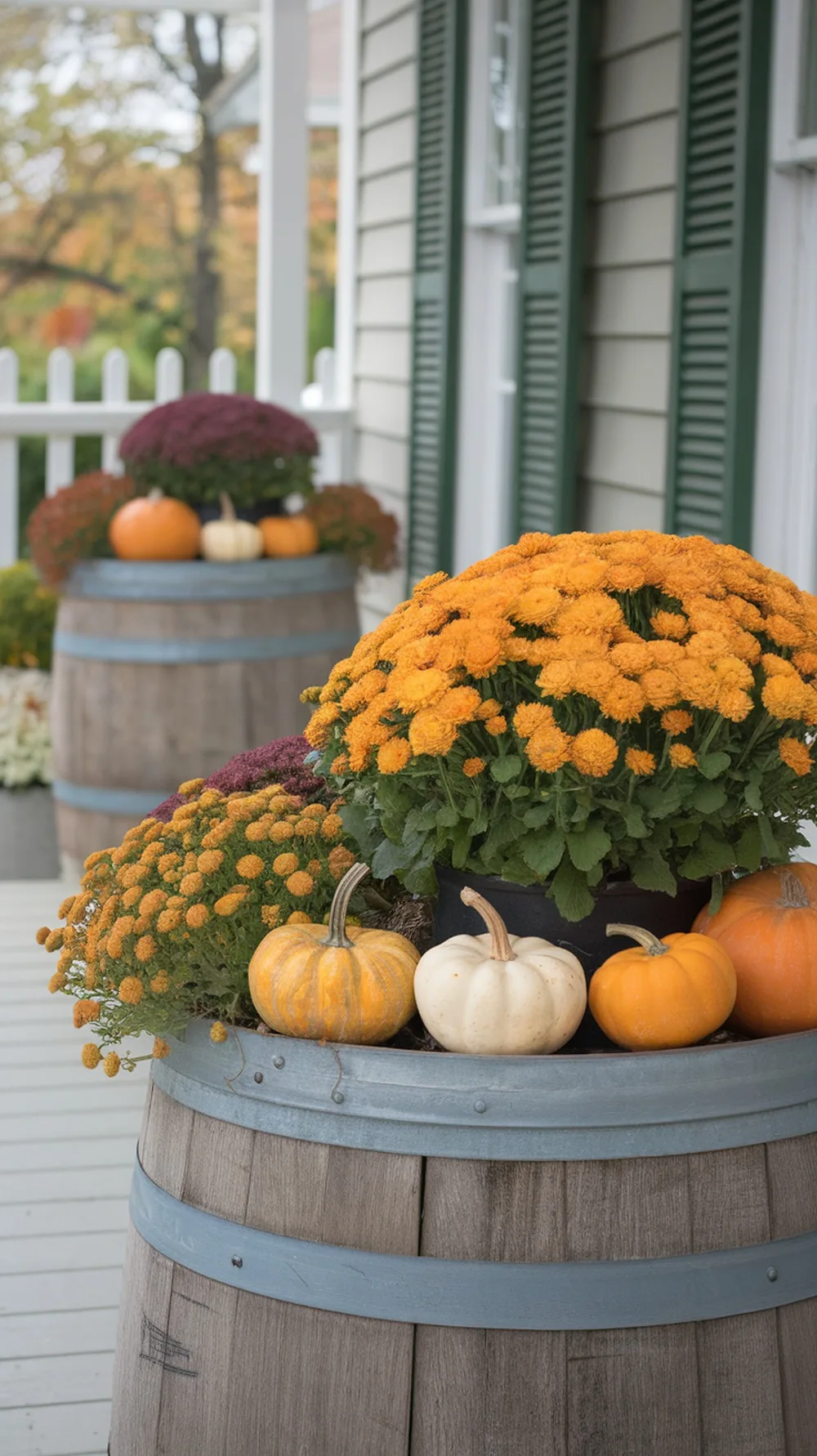 Wooden barrels filled with colorful flowers and pumpkins on a porch