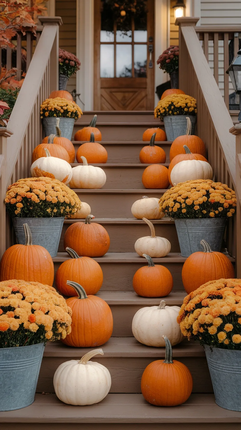 A cozy fall porch with a tower of pumpkins and yellow mums on the steps.