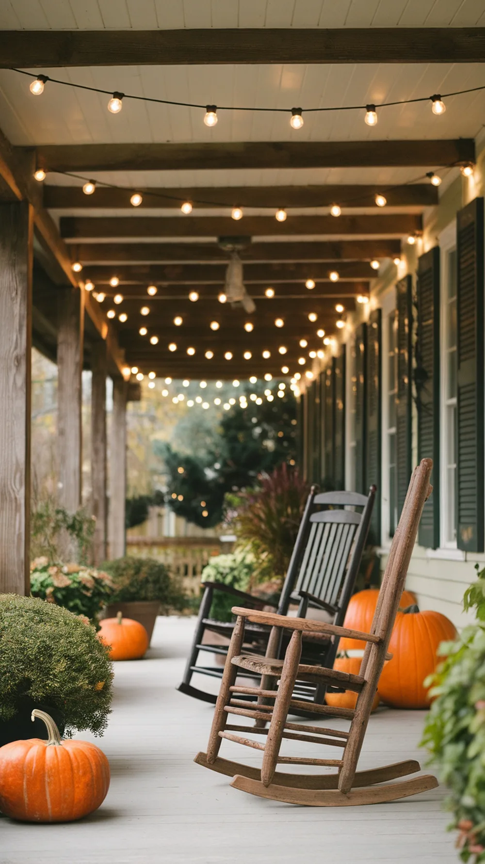 A cozy porch decorated with string lights and pumpkins