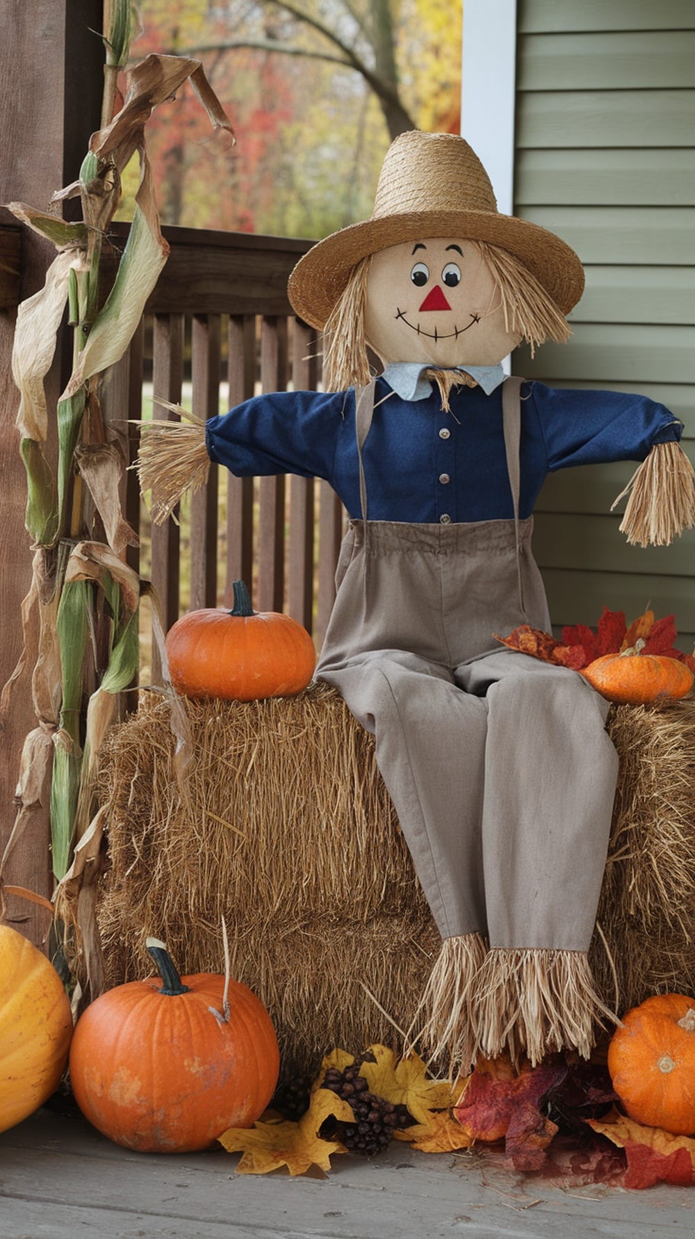 A cheerful scarecrow sitting on hay bales surrounded by pumpkins and autumn leaves.