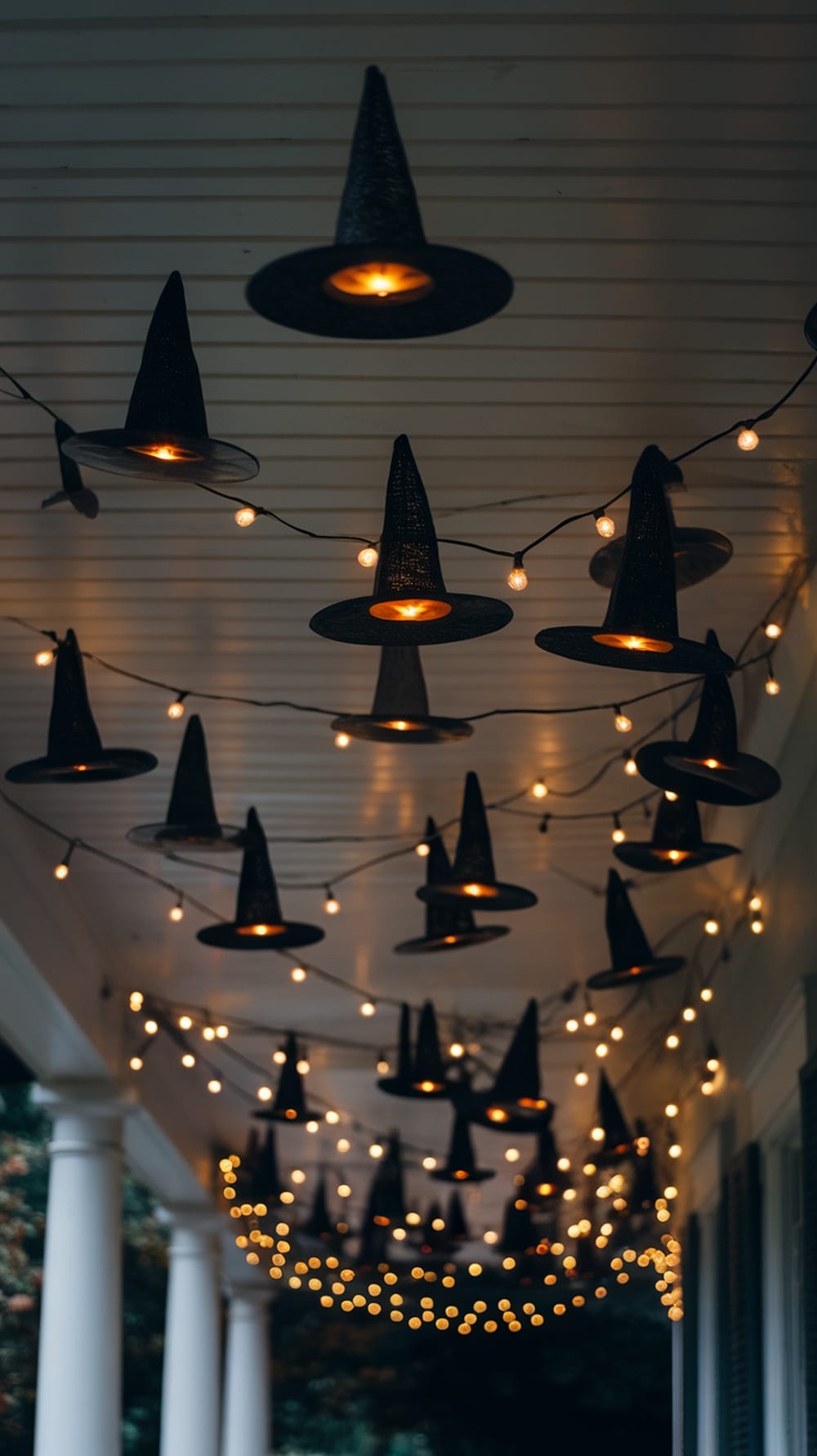 Hanging witch hats with lights on a porch