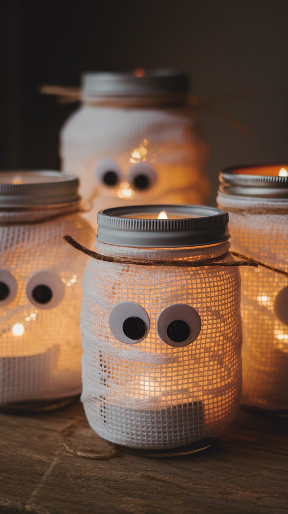 Mason jars wrapped in gauze with googly eyes, glowing from within.