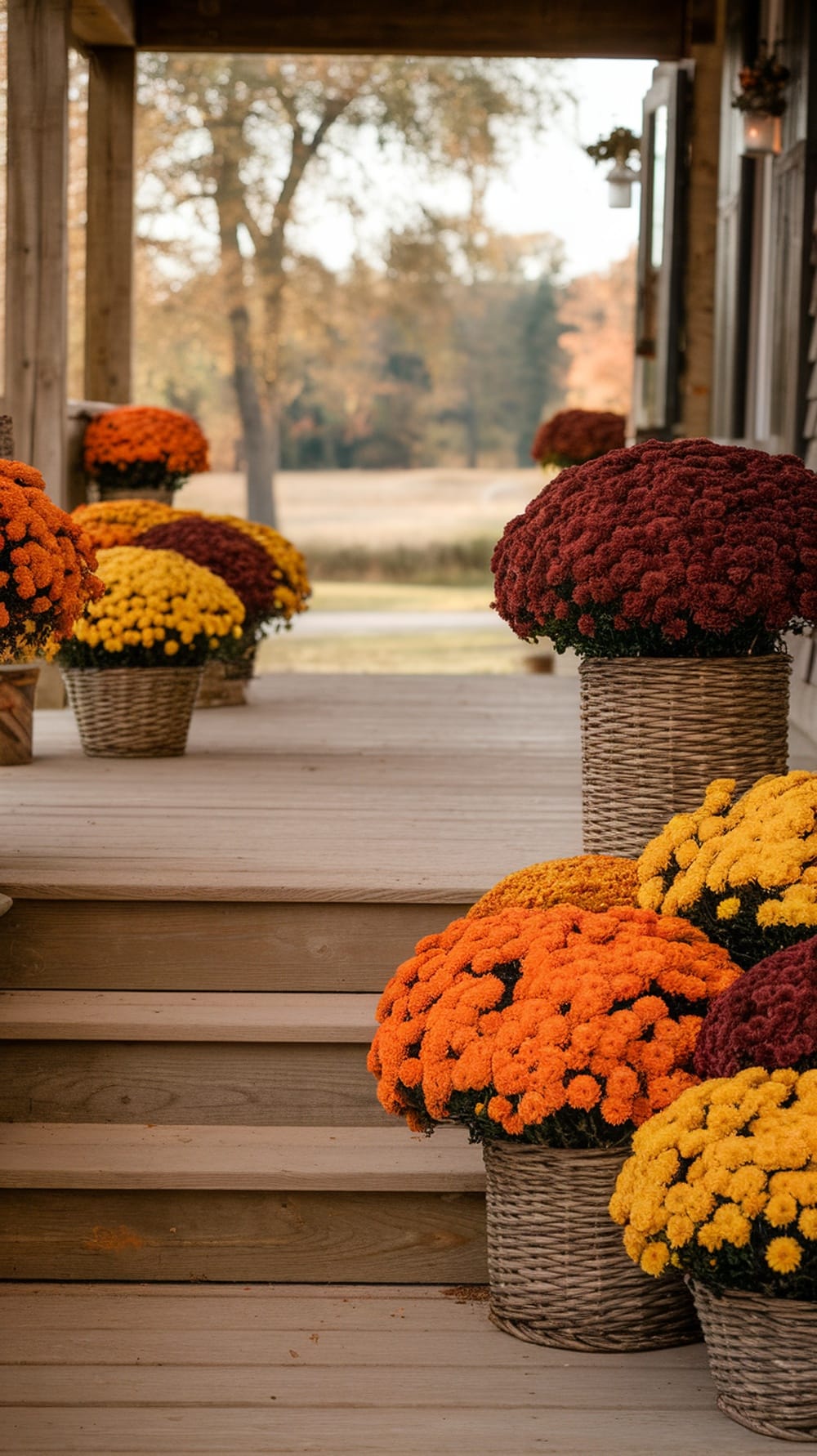 Baskets of colorful mums in shades of yellow, orange, and burgundy on a porch.