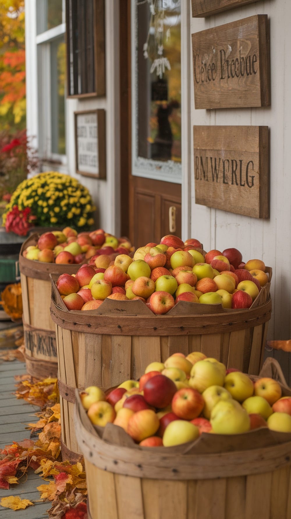 Wooden bushel baskets filled with colorful apples on a porch