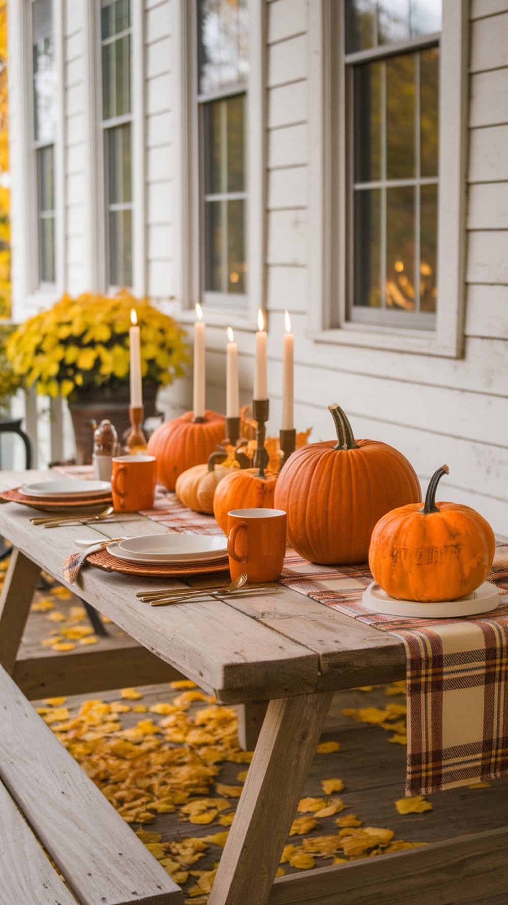 Cozy plaid table setting with pumpkins and candles on a porch