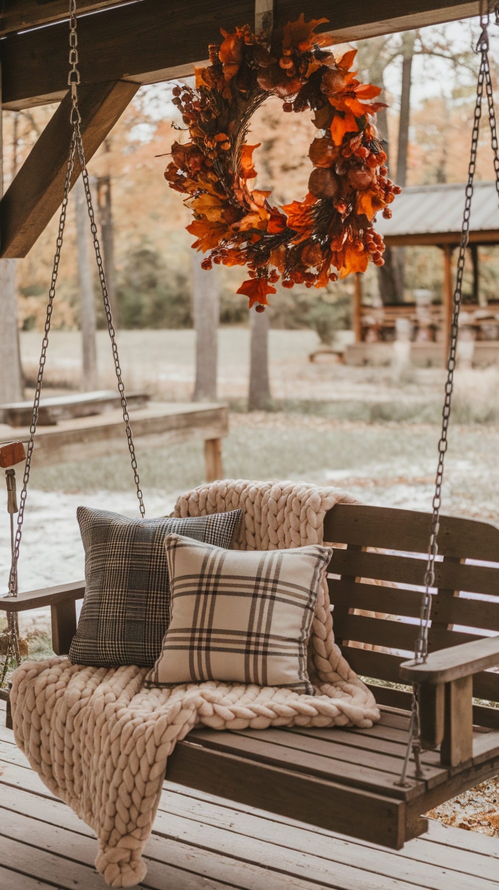 Cozy front porch swing with pillows and a throw blanket