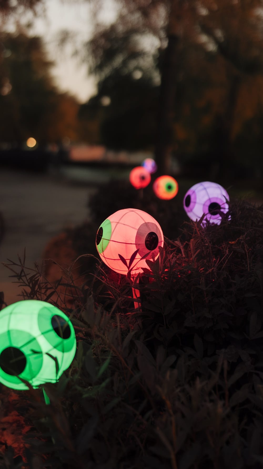 Colorful glowing eyeballs peeking out from bushes in a Halloween decoration setting.