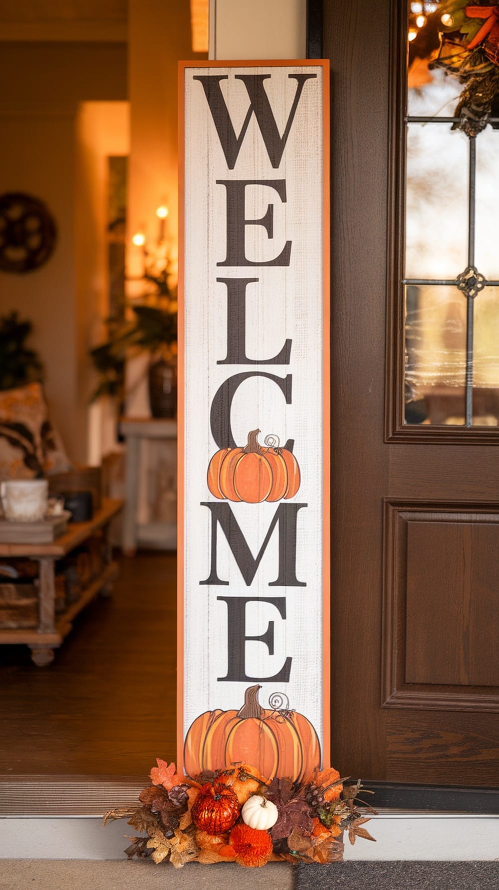 A rustic porch sign that says 'WELCOME' with pumpkins and autumn decorations.