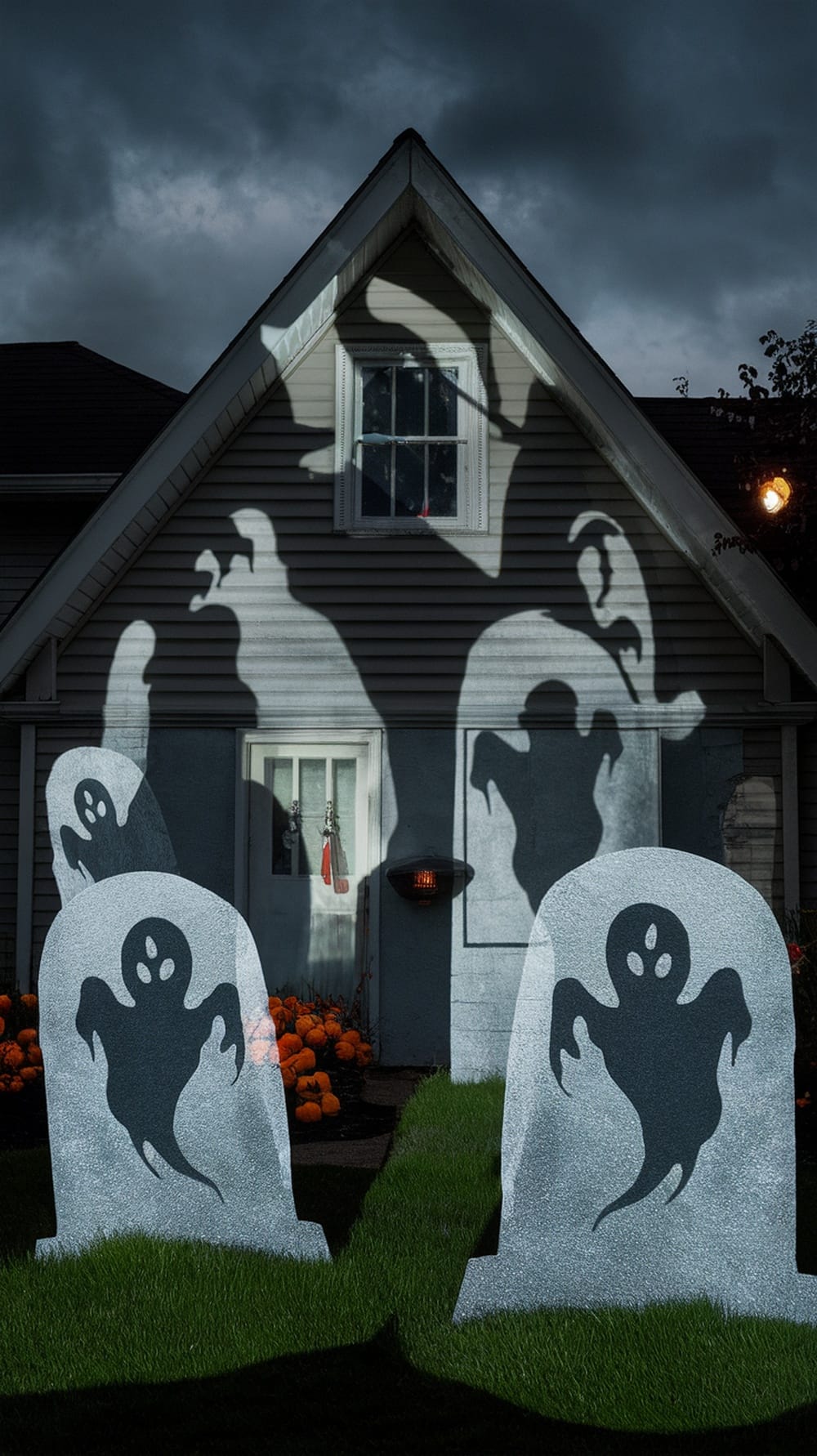 Tombstone projector lights casting ghostly shadows on a house