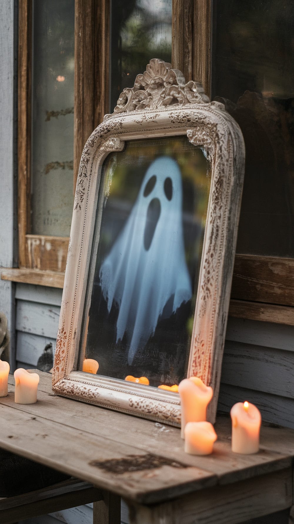 A spooky mirror with a ghostly figure painted on it, surrounded by candles.