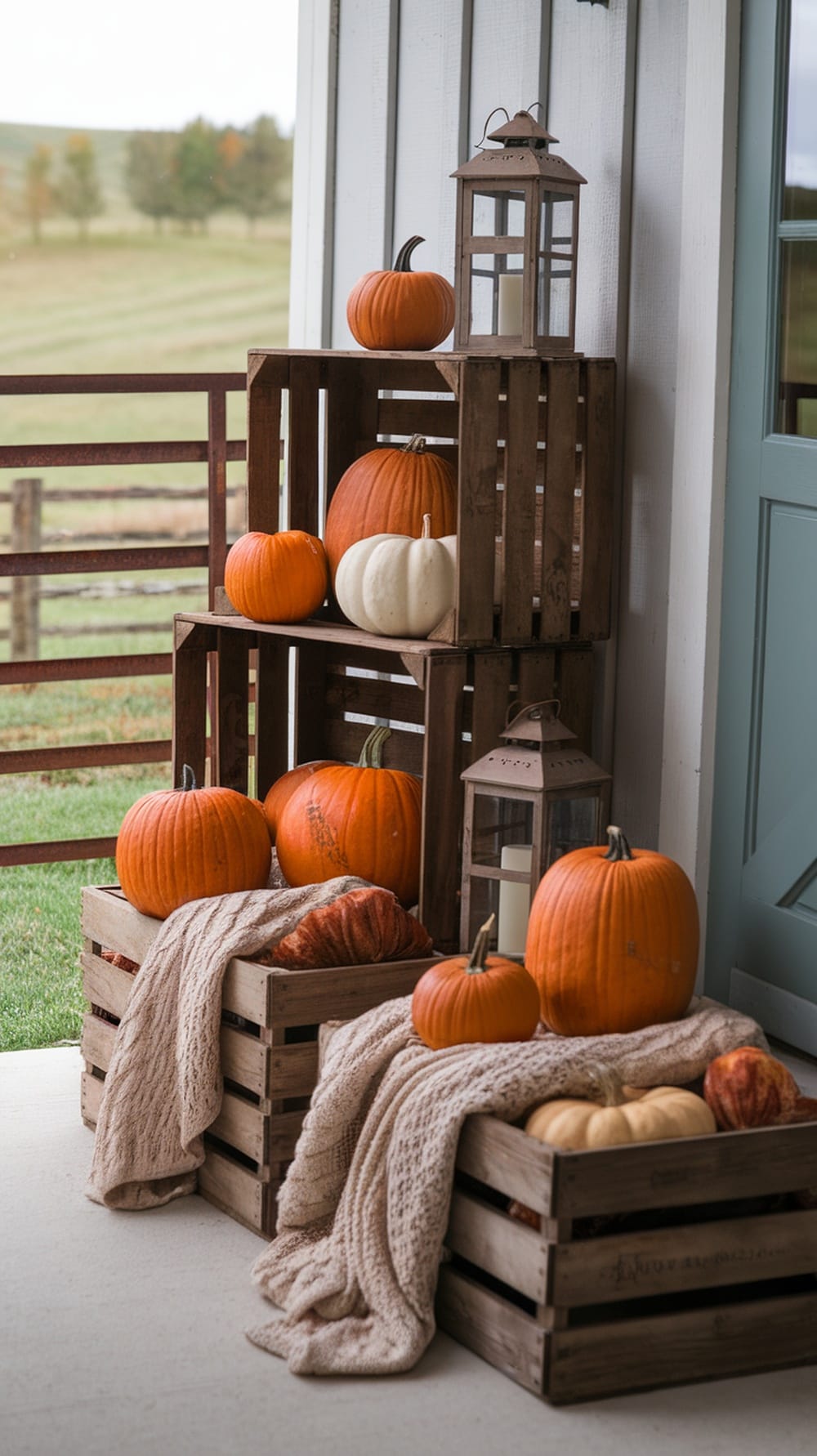 Stacked rustic wooden crates filled with pumpkins and a cozy blanket on a fall porch.