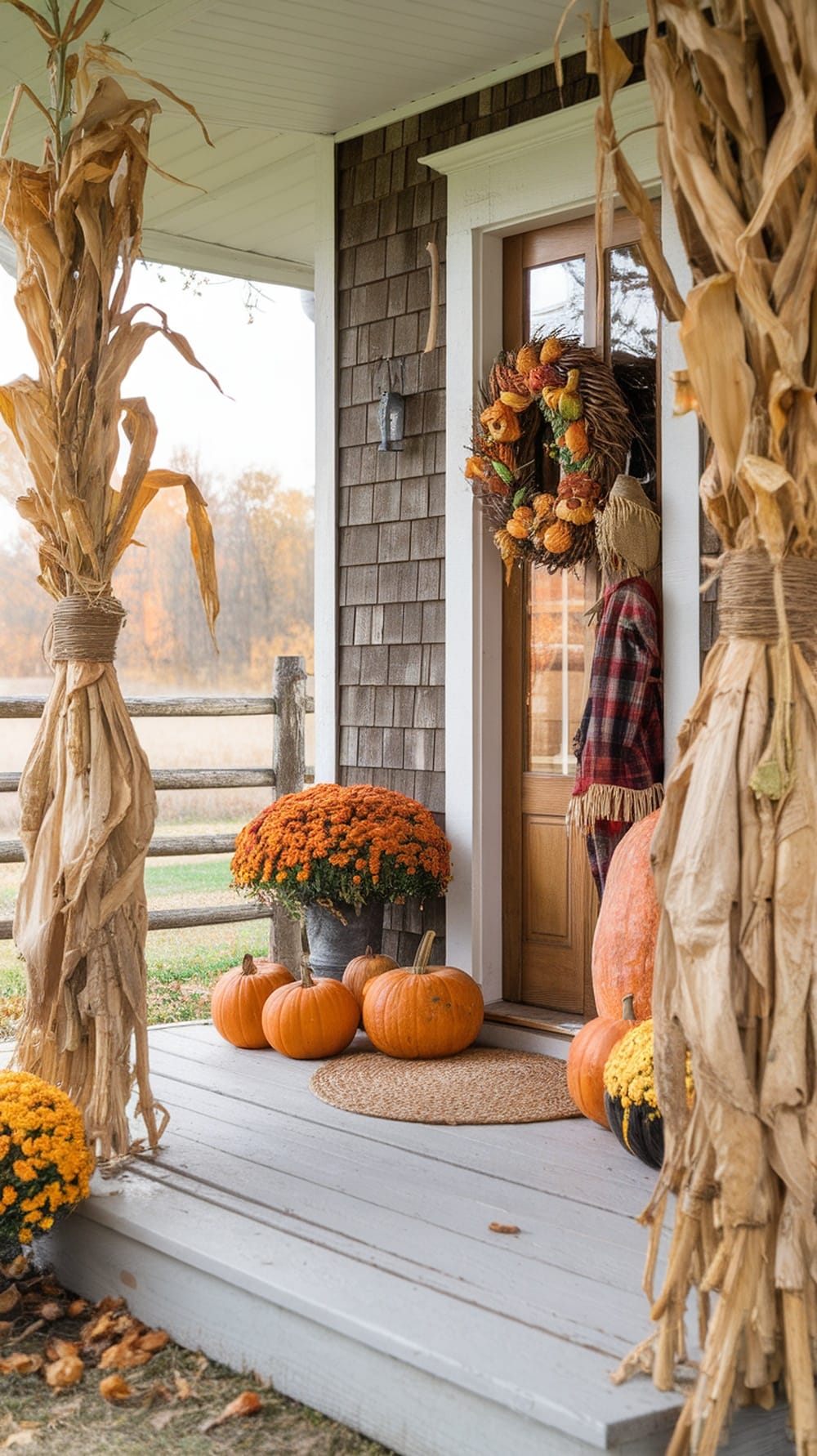 Cornstalk bundles and pumpkins on a cozy fall porch