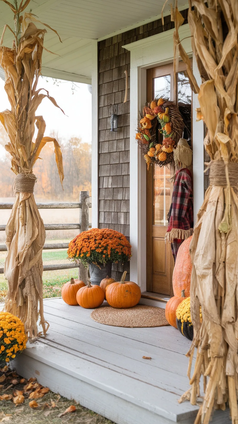 Cornstalk bundles and pumpkins on a cozy fall porch