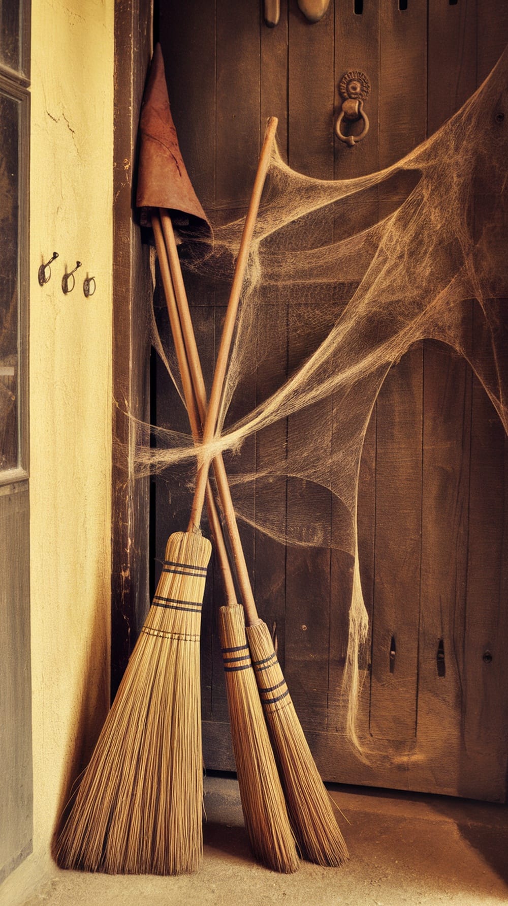 A display of broomsticks leaning against a door with cobwebs.