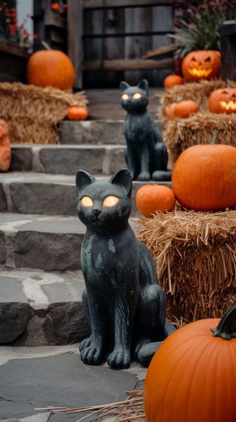 Black cat decorations by the porch with pumpkins and hay bales