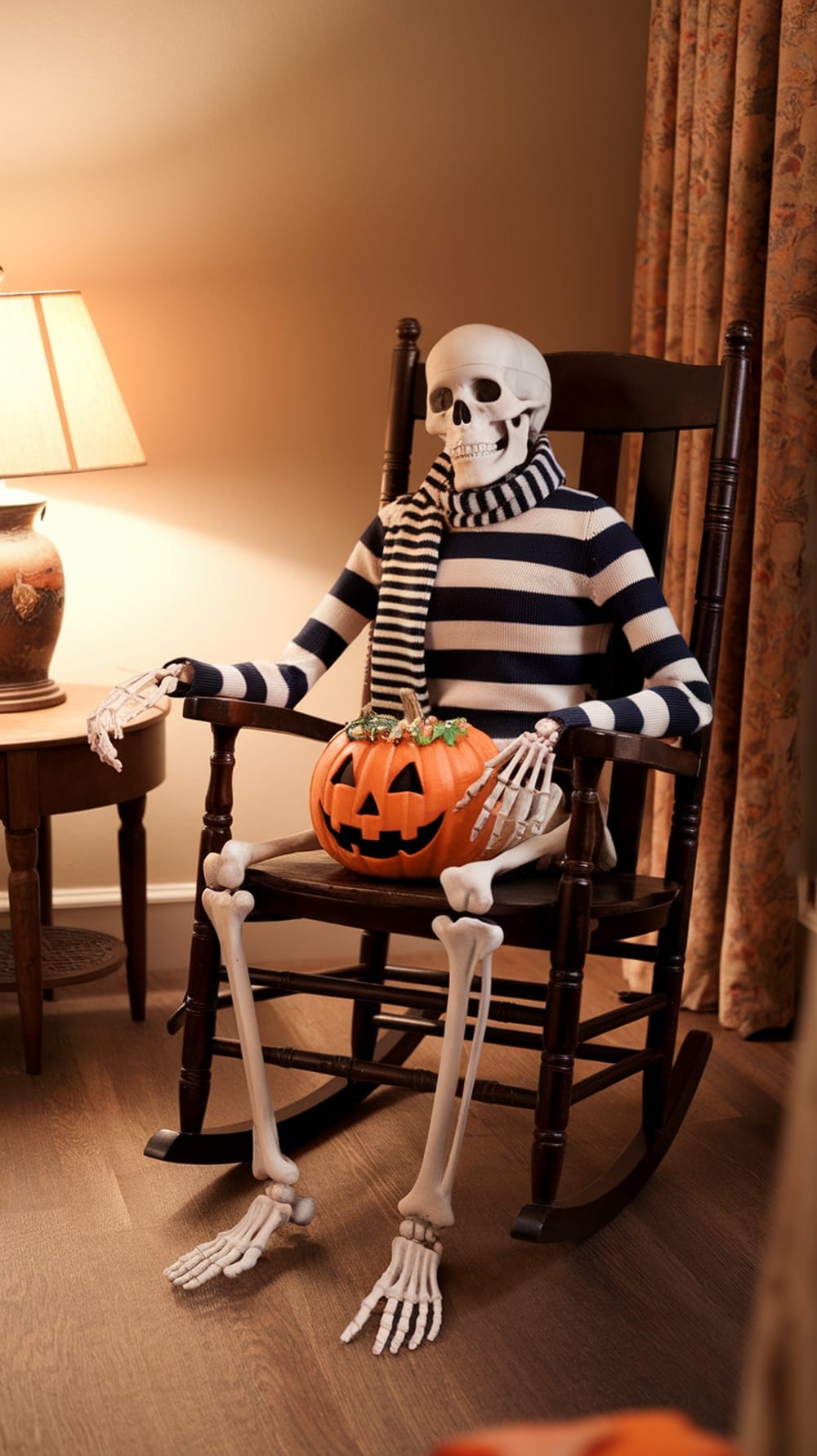 A skeleton in a striped sweater sitting in a rocking chair, holding a pumpkin.
