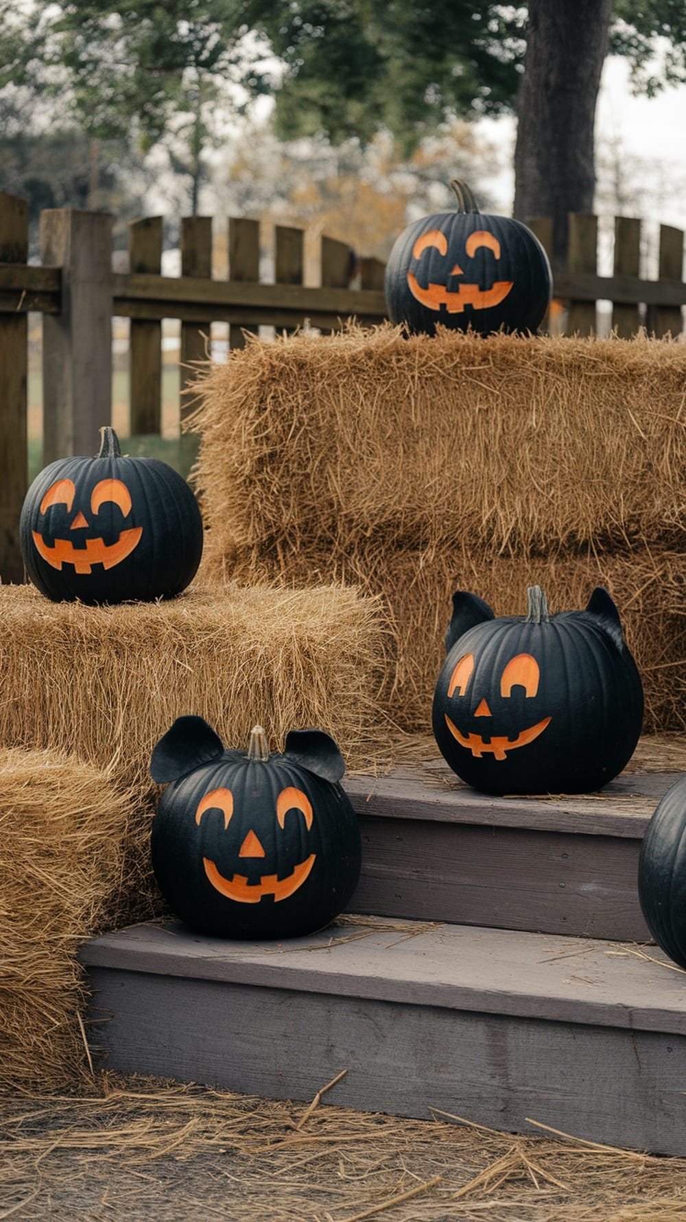 Black cat themed pumpkins with playful faces and features, arranged on hay bales.