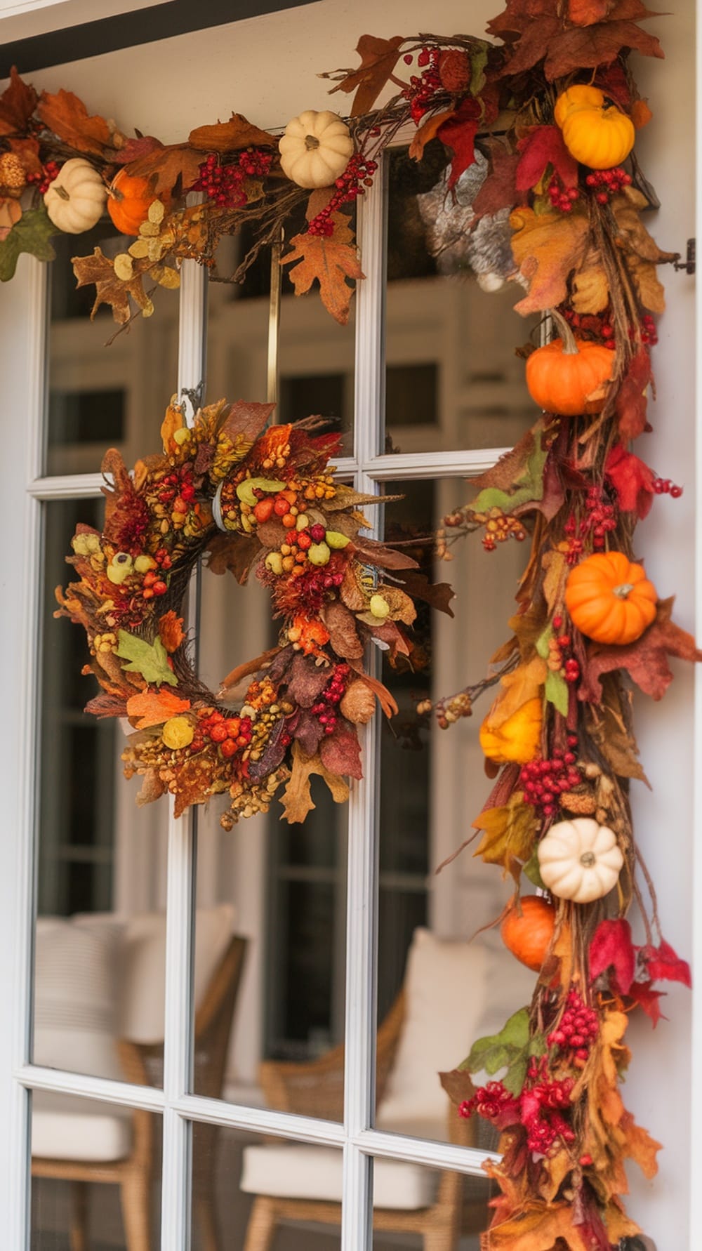 A beautiful fall garland featuring colorful leaves, mini pumpkins, and berries draped around a door.