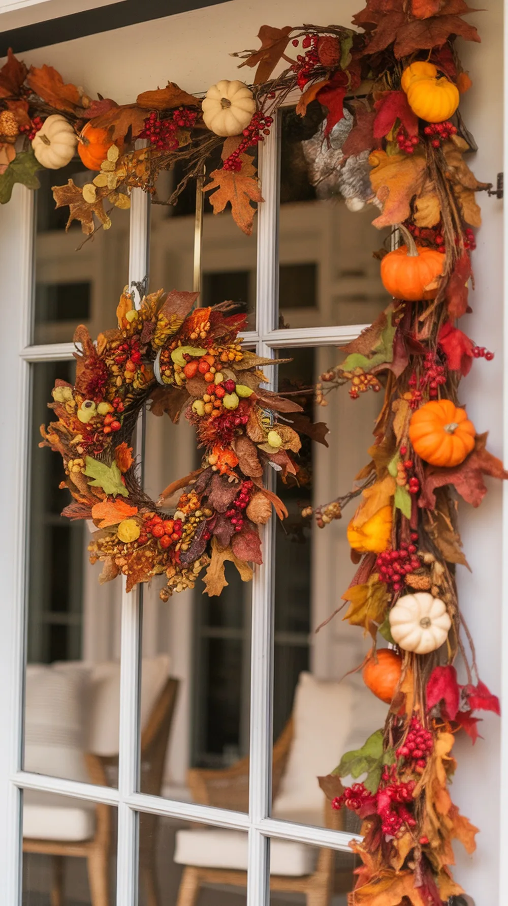 A beautiful fall garland featuring colorful leaves, mini pumpkins, and berries draped around a door.