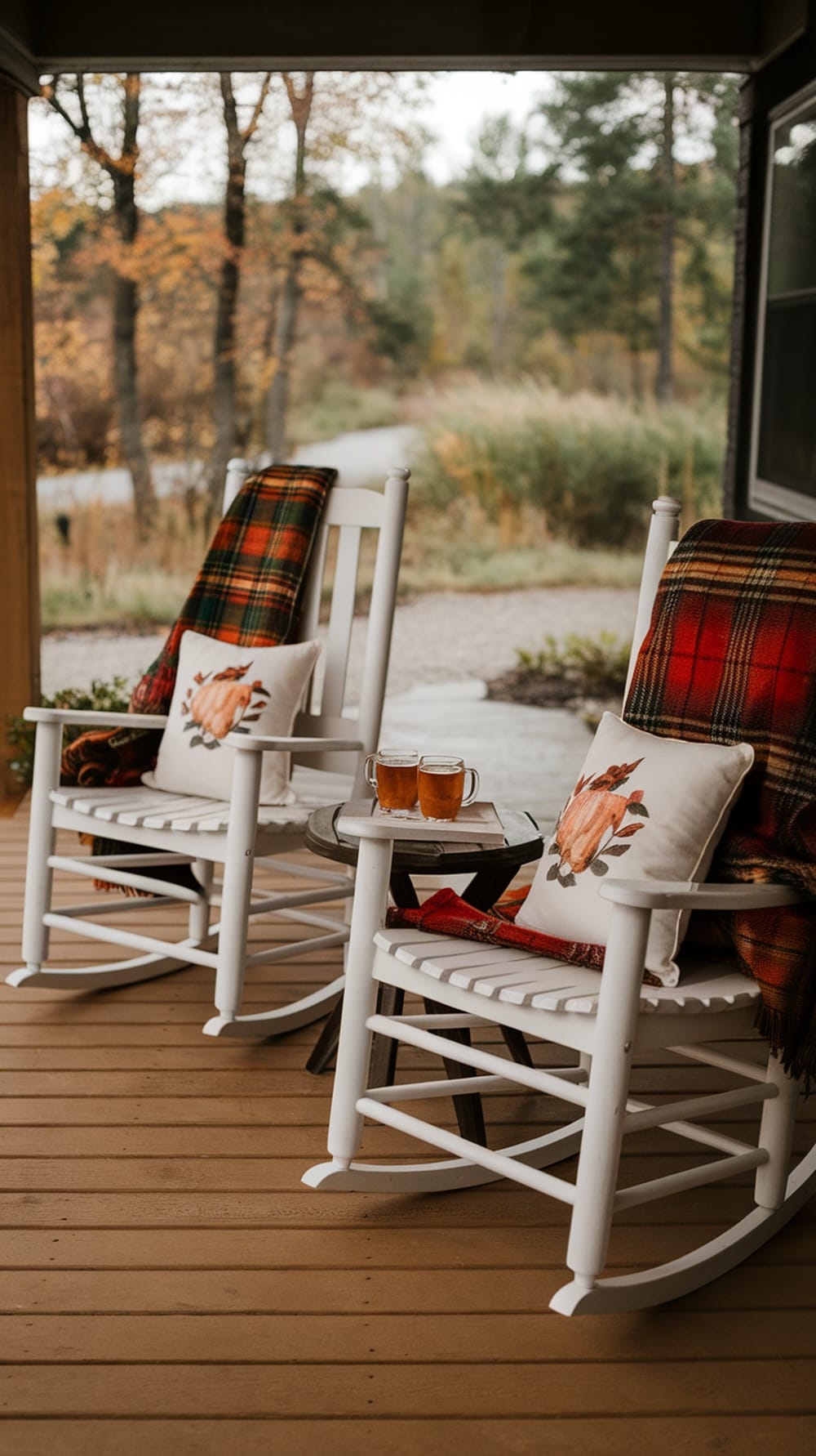 Two white rocking chairs with plaid throws and pumpkin-themed pillows on a fall porch.
