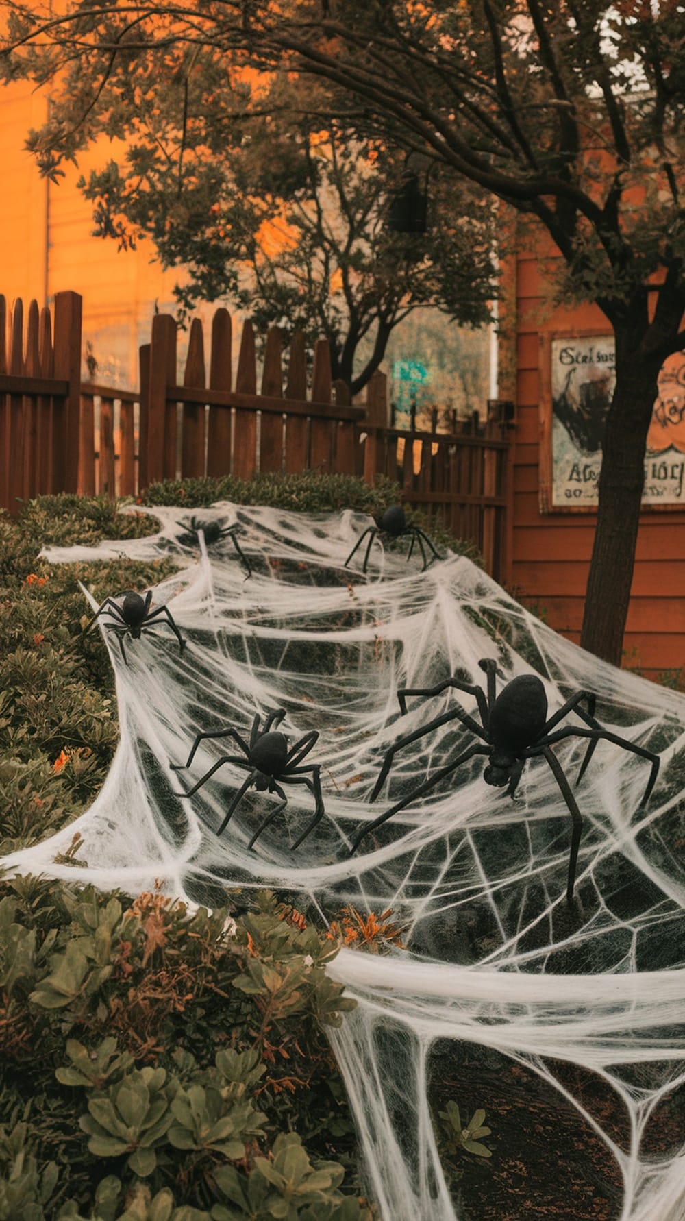 A lawn decorated with fake spider webs and black spiders.
