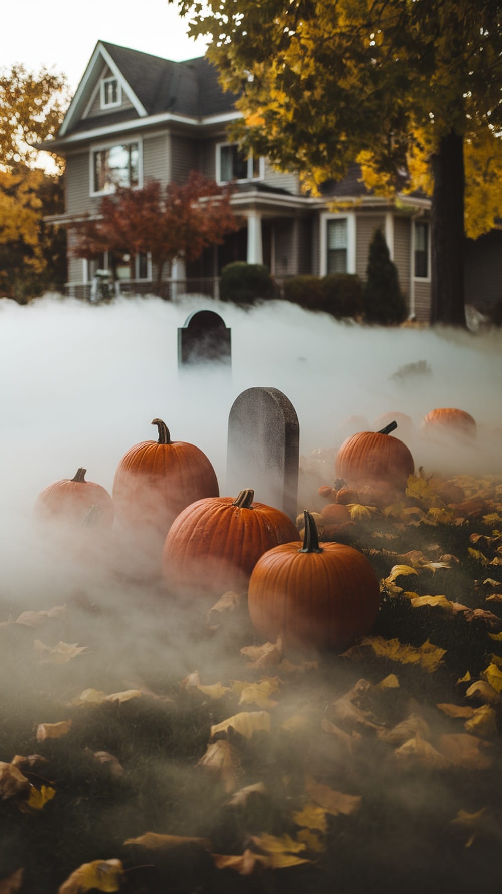 Fog machine creating spooky ambiance with pumpkins and gravestones
