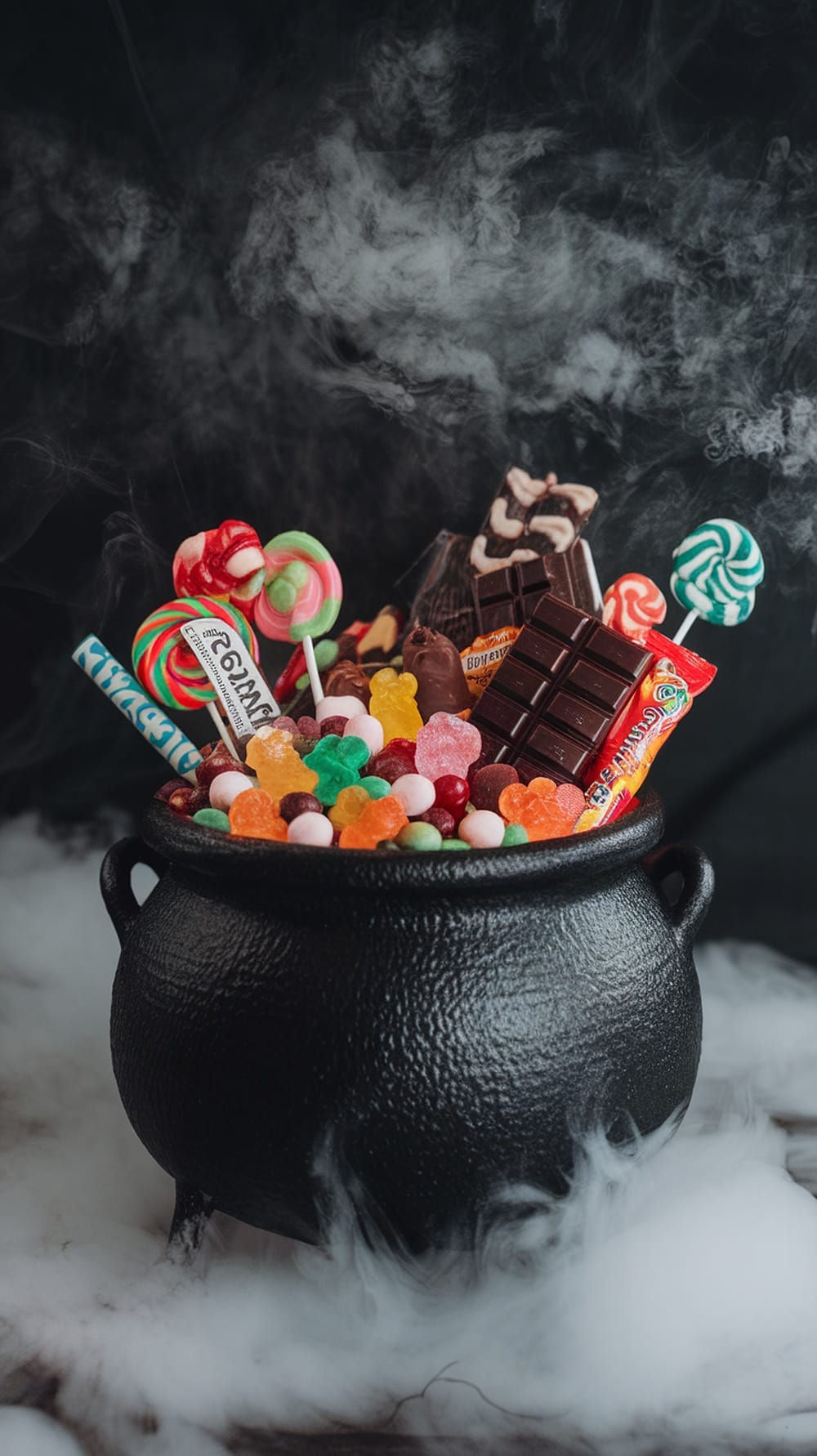A black cauldron filled with colorful candies, surrounded by smoke for a spooky effect.
